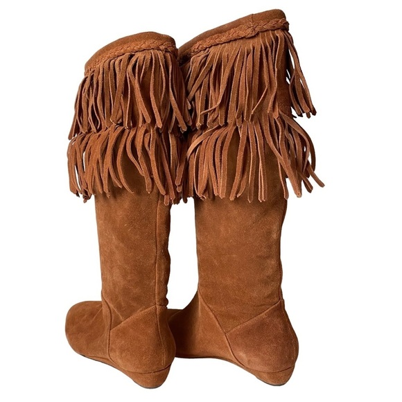 Gianni Bini women’s cognac suede fringe flat wedge ankle pull on boots sz 6.5 M - Picture 4 of 9